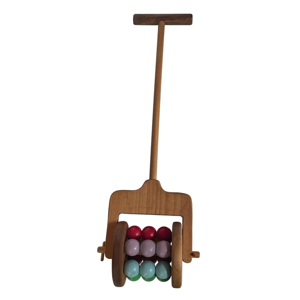 Vintage Wooden Push Toy Lawn Mower Colorful Beads Toddler Walker Activity Toy
